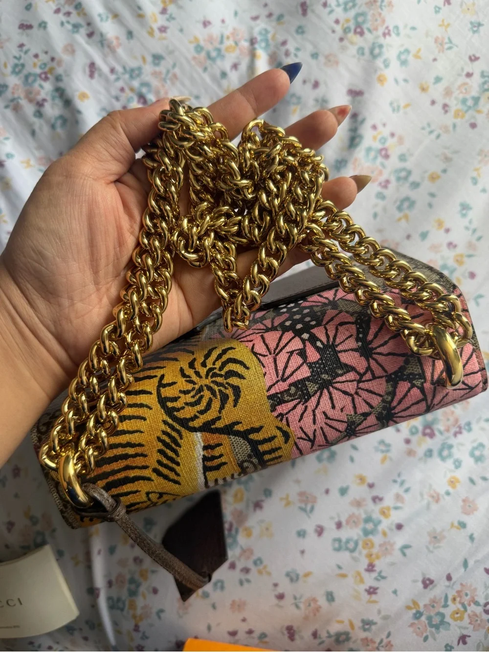 Gucci Pink Floral Tiger GG Canvas Crossbody with Gold Hardware